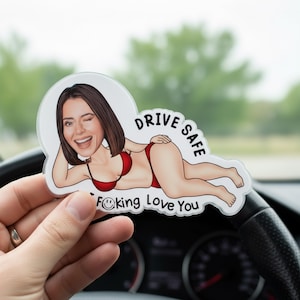 May include: A sticker featuring a cartoon illustration of a woman in a red bikini, winking and smiling. The sticker has the text "Drive Safe" and "F*king Love You".