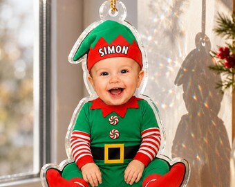 Personalized Baby First Christmas Ornament, Custom Photo Acrylic Ornament, Newborn Elf Keepsake, Baby Christmas Gift for Parents