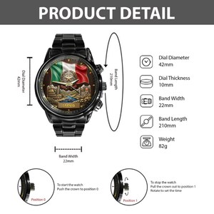 May include: Black wristwatch with a round face featuring the Mexican flag and the name "JACOB". The watch has a 42mm dial diameter, 10mm dial thickness, 22mm band width, and a 210mm band length. The watch weighs 2.8 ounces.