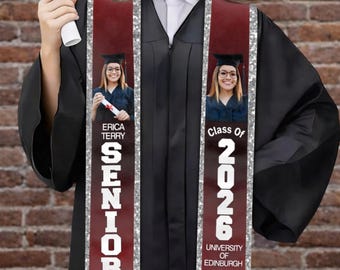 Banda de graduación personalizada con foto de 2026, estola de graduación con purpurina y nombre personalizado, regalo de graduación para estudiantes de último año.
