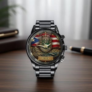 May include: A black metal wristwatch featuring a round face with a graphic of the Puerto Rican flag and the coat of arms of Puerto Rico. The dial includes gold-toned hands and a rectangular nameplate at the bottom with the name Peter printed in gold.