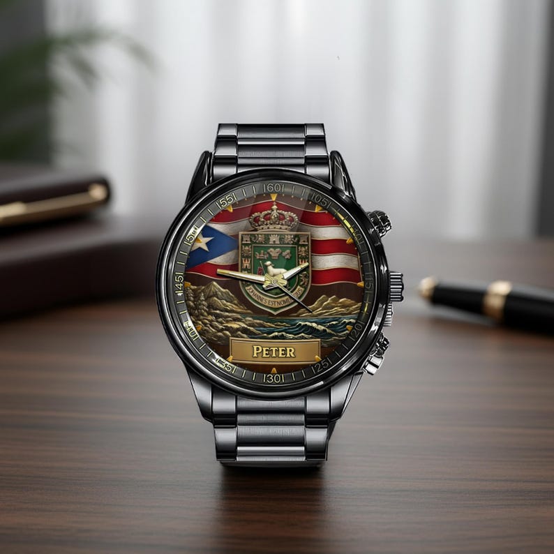 May include: A black metal wristwatch featuring a round face with a graphic of the Puerto Rican flag and the coat of arms of Puerto Rico. The dial includes gold-toned hands and a rectangular nameplate at the bottom with the name Peter printed in gold.