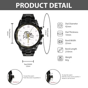 May include: Black wristwatch with a white face and gold accents. The watch has a black band and a dial diameter of 42mm. The watch face features the text "Your Design Here". The band width is 22mm, and the band length is 210mm.