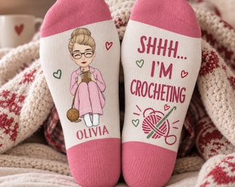 Shhh...I'm Crocheting Personalized Yarn Crew Socks, Custom Name Crochet Lover Socks, Cozy Crafting Gift, Birthday Gift for Crocheter