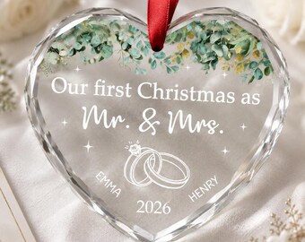 Personalized Wedding Glass Ornament, Custom Couple Christmas Ornament, First Christmas Married Gift, Anniversary Keepsake, Bride Groom