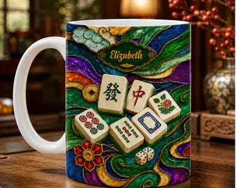 Personalized Mahjong Tiles & Suncatcher Art Coffee Mug, Custom Name Ceramic Cup, Gift for Mahjong Lovers, Mahjong Player Gift