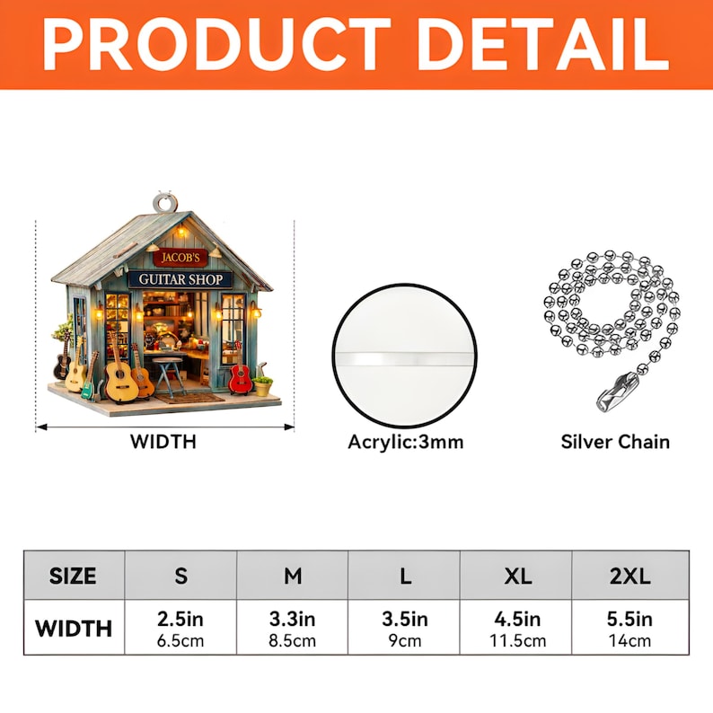 May include: A miniature wooden guitar shop with the text "JACOB'S GUITAR SHOP". The image also shows a silver chain, an acrylic piece, and a size chart with widths ranging from 2.5 inches (6.5 cm) to 5.5 inches (14 cm).