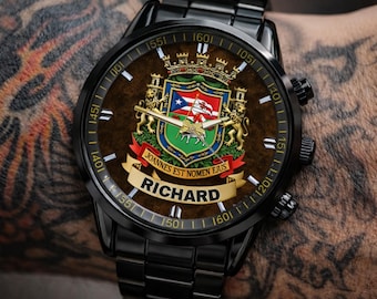 Personalized Puerto Rican Heraldic Flag Watch, Custom Stainless Steel Watch, Puerto Rico Pride Watch for Men, Gift for Him