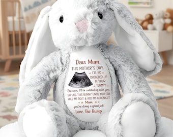 Custom Photo This Mother's Day I'll Be Snuggled Up In Your Tummy Personalized Bunny Plush, Mother's Day Pregnancy Reveal Gift