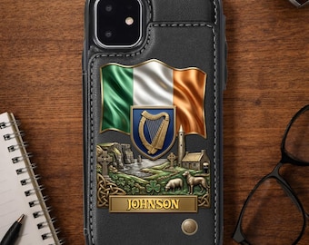 Personalized Ireland Wallet Phone Case, Custom Irish Heritage Case with Name, Leather Flip Card Holder Case, Gift For Him