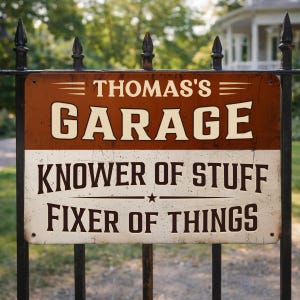 May include: A rectangular metal sign with a distressed finish, featuring a brown top section with the white text "THOMAS'S GARAGE" and a cream bottom section with the dark brown text "KNOWER OF STUFF" and "FIXER OF THINGS" separated by a small star.