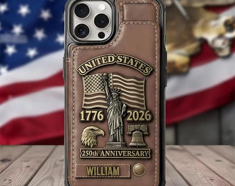 Funda de teléfono personalizada con billetera para el 250.º aniversario, de cuero, con nombre personalizado, ideal como regalo militar.