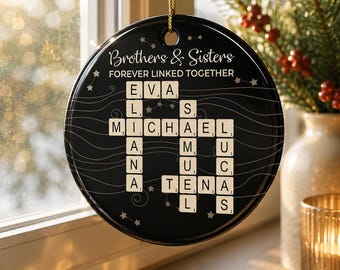 Personalized Crossword Ceramic Ornament, Custom Sibling Names Ornament, Brothers Sisters Christmas Gift, Family Keepsake Decor