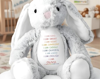 Personalized Stuffed Bunny I Am Kind I Am Smart I Am Brave, Custom Affirmation Plush, Gift for Girls or Boys