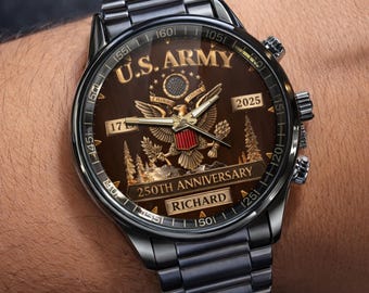Personalized 250th Anniversary Veteran Watch, U.S. Army 250th Anniversary Watch, Military Tribute Watch for Men