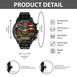 May include: A black metal wristwatch with a 42mm dial diameter, 10mm thickness, 22mm band width, and 210mm band length. The watch face features a crest, the name PETER, and a flag. It weighs 82g and includes instructions for crown positions 0 and 1.