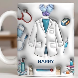 May include: White ceramic mug featuring a medical theme with illustrations of a lab coat, stethoscope, gloves, and medical equipment. The name "HARRY" is printed in blue. The mug is a standard size.