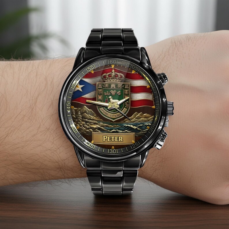 May include: A black stainless steel wristwatch featuring a round face with a graphic of the Puerto Rican flag and the coat of arms of San Juan. The dial includes gold-toned hands and a rectangular nameplate with the text Peter in gold lettering.