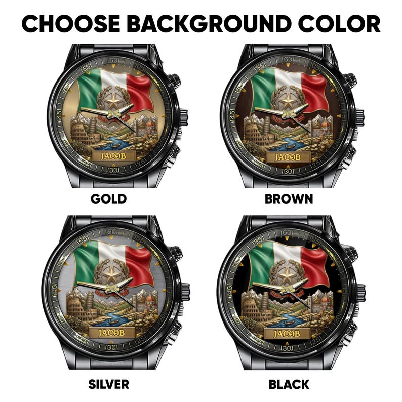 May include: Four watches with different background colors: gold, brown, silver, and black. Each watch features an Italian flag design, a Roman architectural scene, and the name "JACOB". The watches have a black bezel and a silver band.