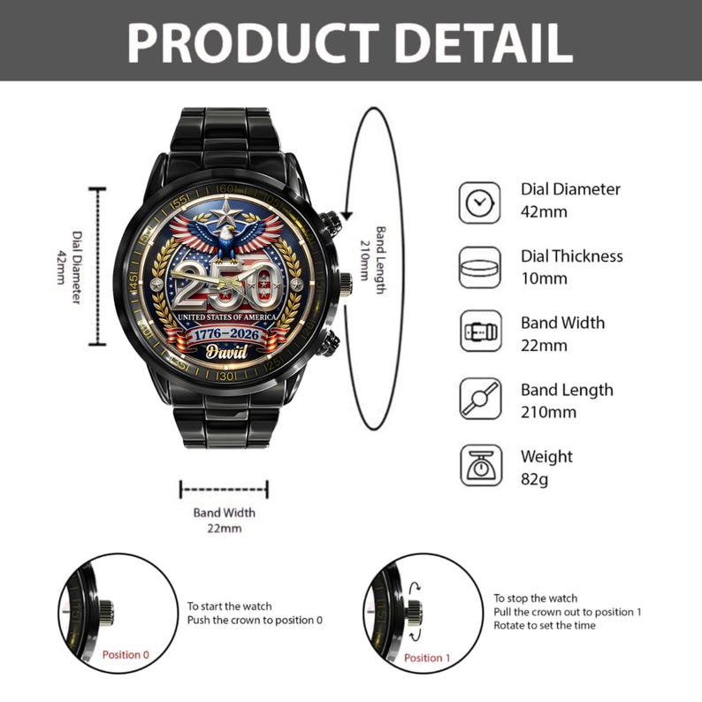 May include: Black wristwatch with a round face featuring a patriotic design with the text "250 UNITED STATES OF AMERICA 1776-2026 David". The watch has a 42mm dial diameter, 10mm thickness, and a 22mm band width. The band length is 210mm and the weight is 82g.