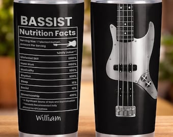 Personalized Bassist Tumbler With Name, Bass Player Nutrition Facts Fat Tumbler, Gift For Bass Guitarist, Musician Gift