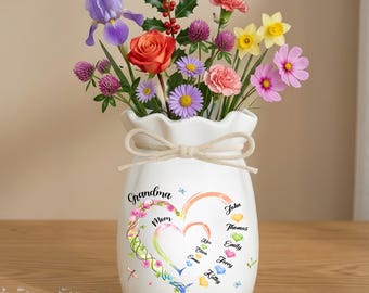 Grandma Heart Personalized Flower Vase, Custom Ribbon Tie Vase, Mom Grandma Floral Vase, Mother Day Gift