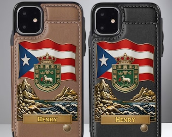 Personalized Puerto Rican Pride Wallet Phone Case, Custom Name Puerto Rico Flag Card Holder Phone Case, Gift for Him Husband