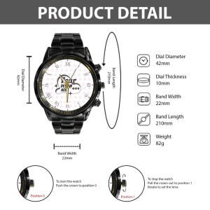 May include: Black wristwatch with a white face and black band. The watch face has Roman numerals and the text "DESIGN HER". The dial diameter is 42mm, band width is 22mm, and band length is 210mm. The watch weighs 82g.