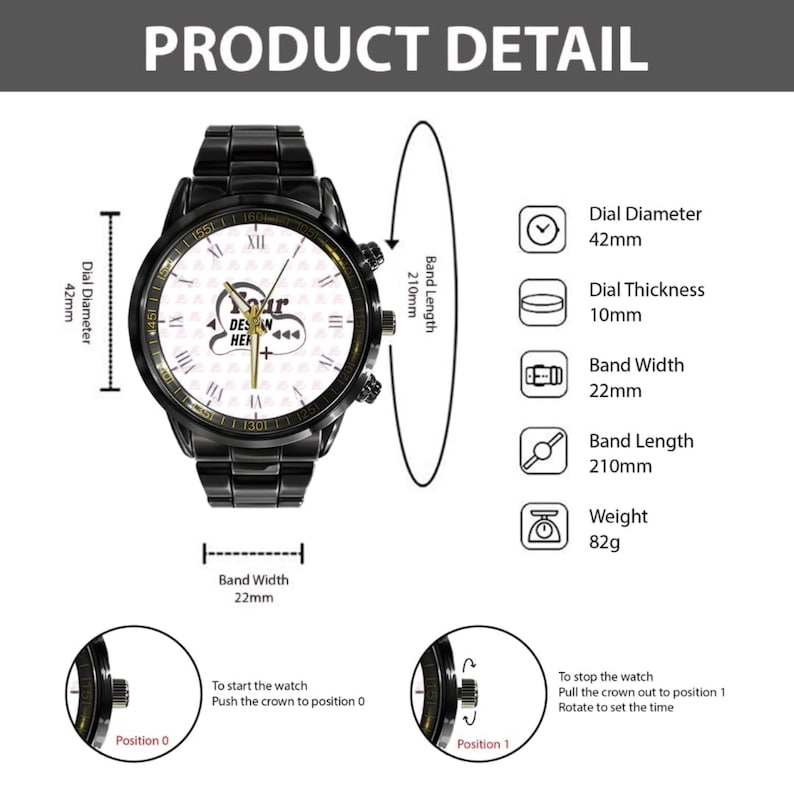 May include: Black wristwatch with a white face and black band. The watch face has Roman numerals and the text "DESIGN HER". The dial diameter is 42mm, band width is 22mm, and band length is 210mm. The watch weighs 82g.