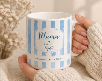 Personalized Mom Mama Mug with Kids Names, Custom Stripe Coffee Cup, Mother’s Day Gift for Mom, New Mom Gift, Family Name Mug