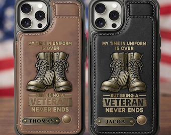Proud Veteran Personalized Veteran Leather Wallet Phone Case, Custom Name Military Boots Case, Veteran Gift for Him