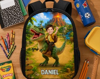 Personalized Kids Backpack, Custom Photo Dinosaur Backpack, Back To School Gift, Custom Name School Bag, Birthday Gift For Boys Girls