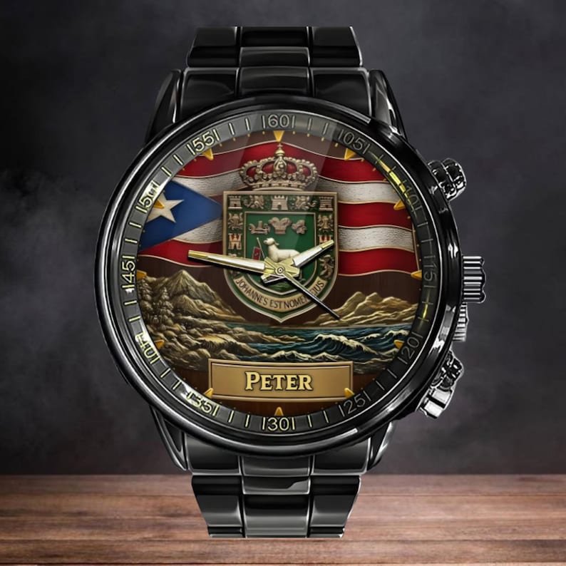 May include: A black stainless steel wristwatch featuring a round face with a Puerto Rican flag background, a central coat of arms with a lamb, and the name PETER printed on a gold-toned rectangular plaque. The watch has metallic hands and markers.