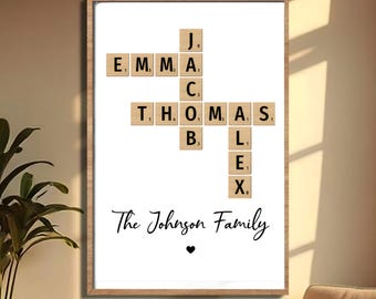 Póster personalizado con crucigrama familiar y nombres, lámina decorativa estilo Scrabble para la pared, regalo para la familia, regalo de inauguración de casa.