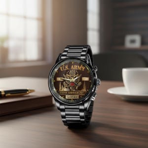 May include: A black wristwatch with a metallic band and a brown face. The watch face features the text "U.S. ARMY 250TH ANNIVERSARY" and the years "1775" and "2025". The watch is displayed on a wooden surface.
