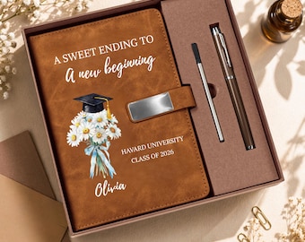 A Sweet Ending To A New Beginning Graduation Notebook Set 2026, Personalized Birth Flower Journal with Name, Custom Girl Graduation Gift