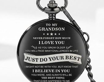 To My Grandson Pocket Watch, Printed Grandson Gift from Grandpa, Just Do Your Best Pocket Watch, Birthday Graduation Gift for Grandson