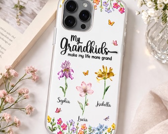 Funda de teléfono personalizada con diseño de flor de nacimiento para nietos. "Mis nietos hacen la vida más grandiosa", regalo para el Día de la Madre para la abuela.