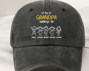 This Grandpa Belongs To Denim Cap, Personalized Grandpa Hat with Kids Names, Custom Vintage Washed Baseball Cap, Gift for Grandpa