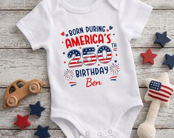 Personalized Born During America's Birthday Baby Bodysuit, Custom Name Patriotic Infant Outfit, USA Baby Gift, Fourth of July Baby Clothes
