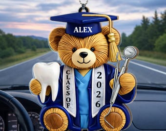 Personalized Dentist Graduation Bear Acrylic Car Hanging Ornament, Class of 2025 Custom Name, Gift For Dentist Graduate