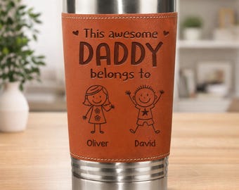 Este increíble papá pertenece a: Vaso de cuero personalizado, taza para papá personalizada con los nombres de los niños, regalo para el Día del Padre
