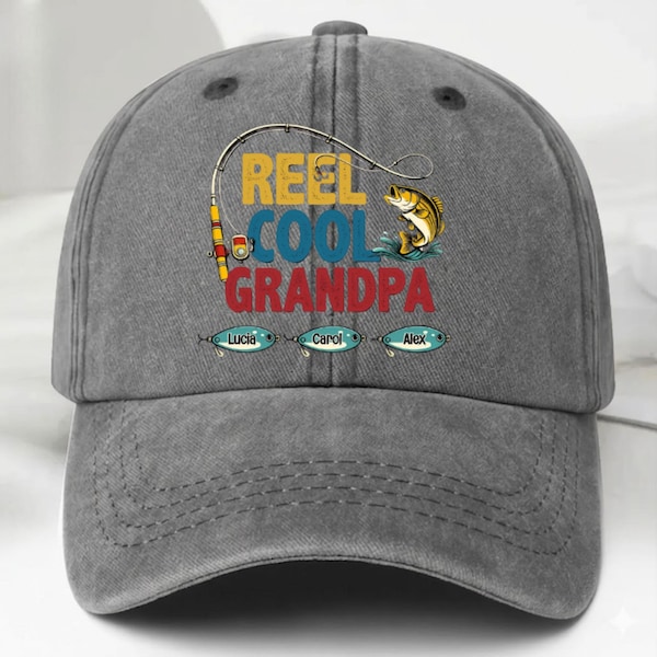 Personalized  Reel Cool Grandpa Washed Denim Cap, Custom Grandpa Dad Fishing Hat with Kids Names, Father Day Gift