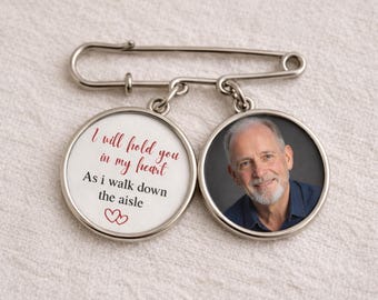 I Will Hold You In My Heart Personalized Wedding Memorial Photo Lapel Pin, Custom Charm Pin, Gift For Bride Groom Keepsake