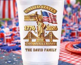 Personalized USA 250th Anniversary Frosted Cup, Custom 250th Plastic Cups, Family Name Keepsake, Patriotic 4th of July Party Decor