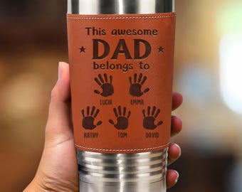 Vaso de cuero personalizado para papá, regalo personalizado con huellas de manos y nombres para papá, regalo para el abuelo, taza para el Día del Padre, taza con nombres de la familia grabados.
