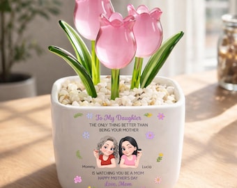 Linked Together Cartoon Personalized Glass Everlasting Tulips, Custom Mother Daughter Gift, Mother’s Day Flower Keepsake, Gift For Mom