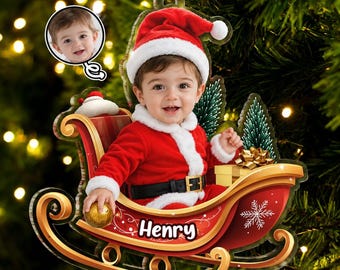 Personalized Baby First Christmas Acrylic Ornament, Custom Baby Photo Ornament, Baby In Sleigh Keepsake, Newborn Christmas Gift