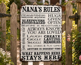 Personalized Nana Metal Sign, Nana's Rules Wall Decor, Custom Grandma Sign, Grandchildren Welcome Gift, Farmhouse Family Decor