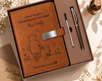 Never Forget The Difference You Make Thank You Teacher Personalized Notebook Set, Custom Leather Journal with Name, Teacher Gift